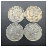 Four silver Mercury Dimes