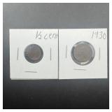 Two Half Cent miscellaneous coins