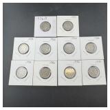 Ten mixed date Buffalo Nickels