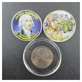 Two painted Kennedy Half Dollars and one Jefferson