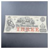 1860 $3 West Rider Bank note, fair condition