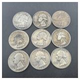 Nine Silver Washington Quarters