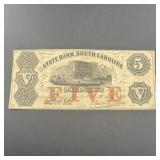 1860 Five Dollar State Bank of South Carolina Note