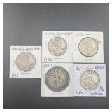 (Times 5) Five miscellaneous date Walking Liberty