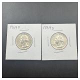 Two 1964 Silver Washington Quarters