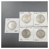 (Times 5) Five miscellaneous date Walking Liberty