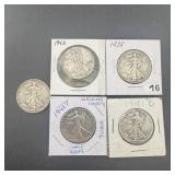 (Times 5) Five miscellaneous date Walking Liberty