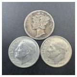 Three Silver Roosevelt Dimes