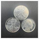 Three 1/10 ounce fine silver rounds