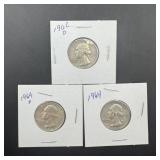 Three Silver Washington Quarters; 1962-d, 1964-d,