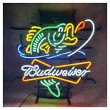 Budweiser Bass Fishing Real Glass Neon Sign, 17"x