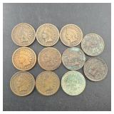 Lot Of 11 Indian Head Cents; Late 1800s And Early