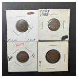 4 Indian Head Pennies, Various Dates