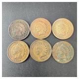 Six Indian Head Pennies, Various Dates