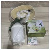 Garden sprayer, sun hat, bird feeder, clay cutters