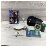 Box of misc: scale, seat cover, candle, Dave Ramse