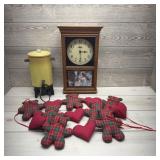 Clock, coffee urn, bear dï¿½cor