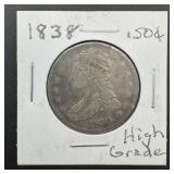 1838 High Grade Capped Bust Silver Half Dollar