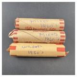 Three rolls of mixed Wheat cents and 1960s cents