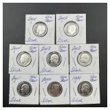 Eight mixed state proof silver Roosevelt dimes
