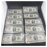 (times 10) 1976 $2 Federal Reserve Note W/ Stamps