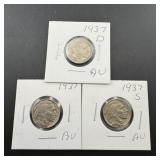 3 Buffalo Nickels -1937