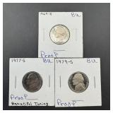 Three Proof Jefferson Nickels 1979-S, 1969-S, 1977