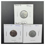 Three 1943 Steel Pennies P, D, and S