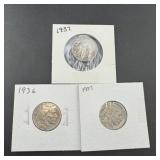 Three Buffalo Nickels: 1937, 1936, and 1937
