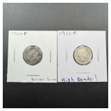 1911 Gem Barber Dime And 1911 Barber Dime