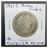 1911-S Barber Silver Half Dollar