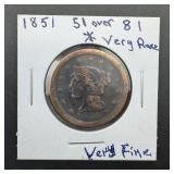 Rare 1851 Over 81 Large Cent, Overdate Large Cent