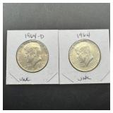 Two 1964 Kennedy Silver Half Dollars