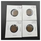 4 Indian Head Pennies -1890s