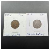 Two Indian Head Cents 1890 And 1893