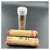 Three rolls of Wheat Pennies from the 1940s, 1950s
