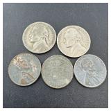 Two Silver War Nickels and Three 1943 War Pennies