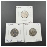 Three Proof Jefferson Nickels 1941 and 1942
