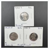 Three Proof Jefferson Nickels 1939, 1981-S, 1985-S