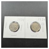 2 Buffalo Nickels - 1934