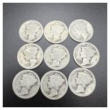 (9) 1916 Silver Mercury Dimes