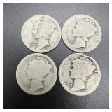 (4) 1916-s Silver Mercury Dimes