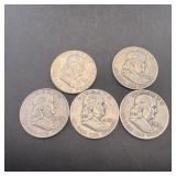 (5) Franklin Silver Half Dollars (mixed Dates)