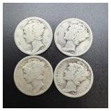 (4) 1929 No-date Silver Mercury Dimes