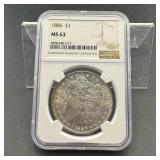 1886 MS63 Toner Morgan Silver Dollar