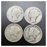 (4) 1937 Silver Mercury Dimes