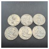 (6) Franklin Silver Half Dollars (mixed Dates)