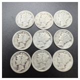 (9) 1924 Silver Mercury Dimes