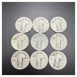 (9) No Date Standing Liberty Silver Quarters