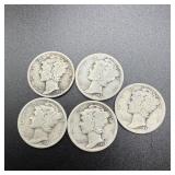 (5) 1934 Silver Mercury Dimes